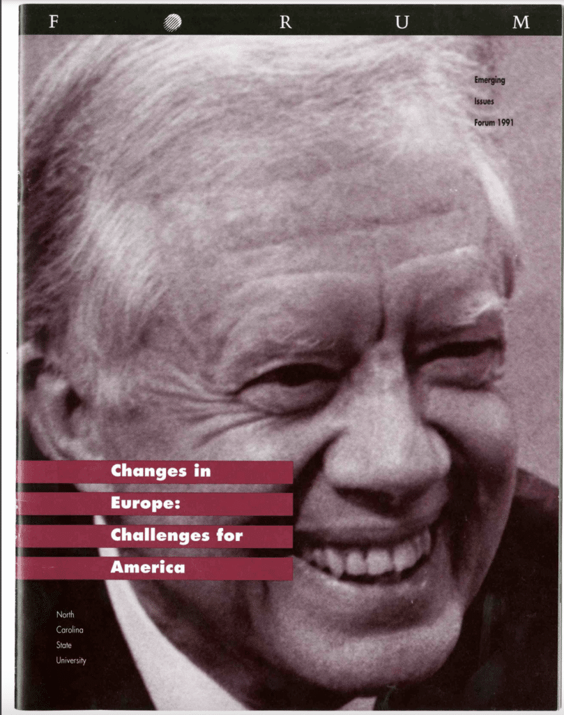 Cover of the Emerging Issues Forum program depicting Jimmy Carter's photo